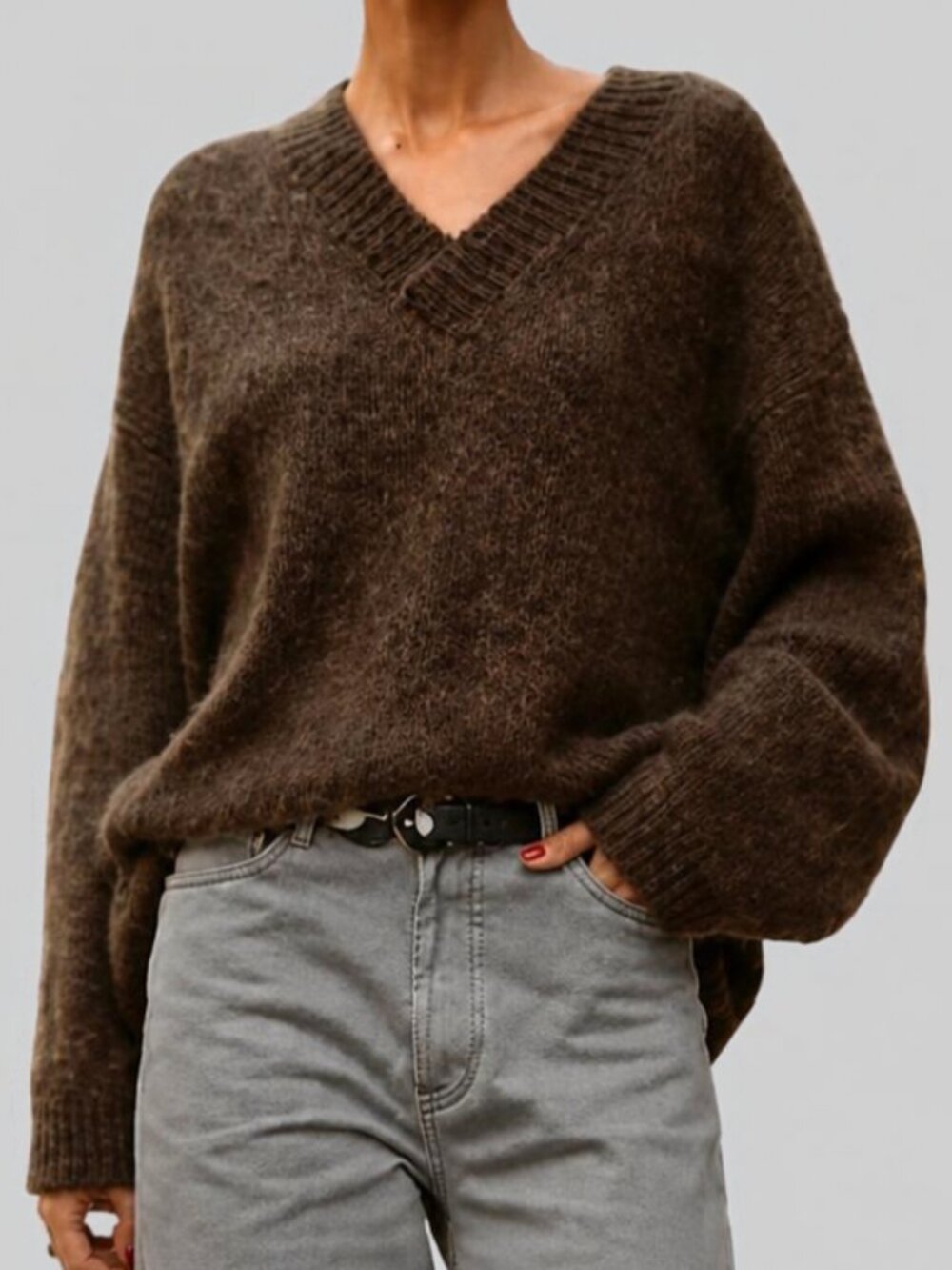 NEW FW2026 Brown V-neck Wool  Blend Sweater L-XL